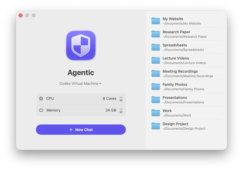 Agentic macOS app window with sandbox resource controls and recent folders.