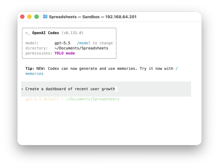 Codex terminal session in a sandbox asking to create a dashboard from spreadsheet data.